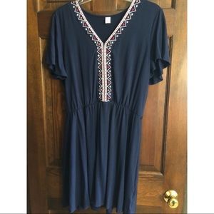 Navy, multicolored neckline dress